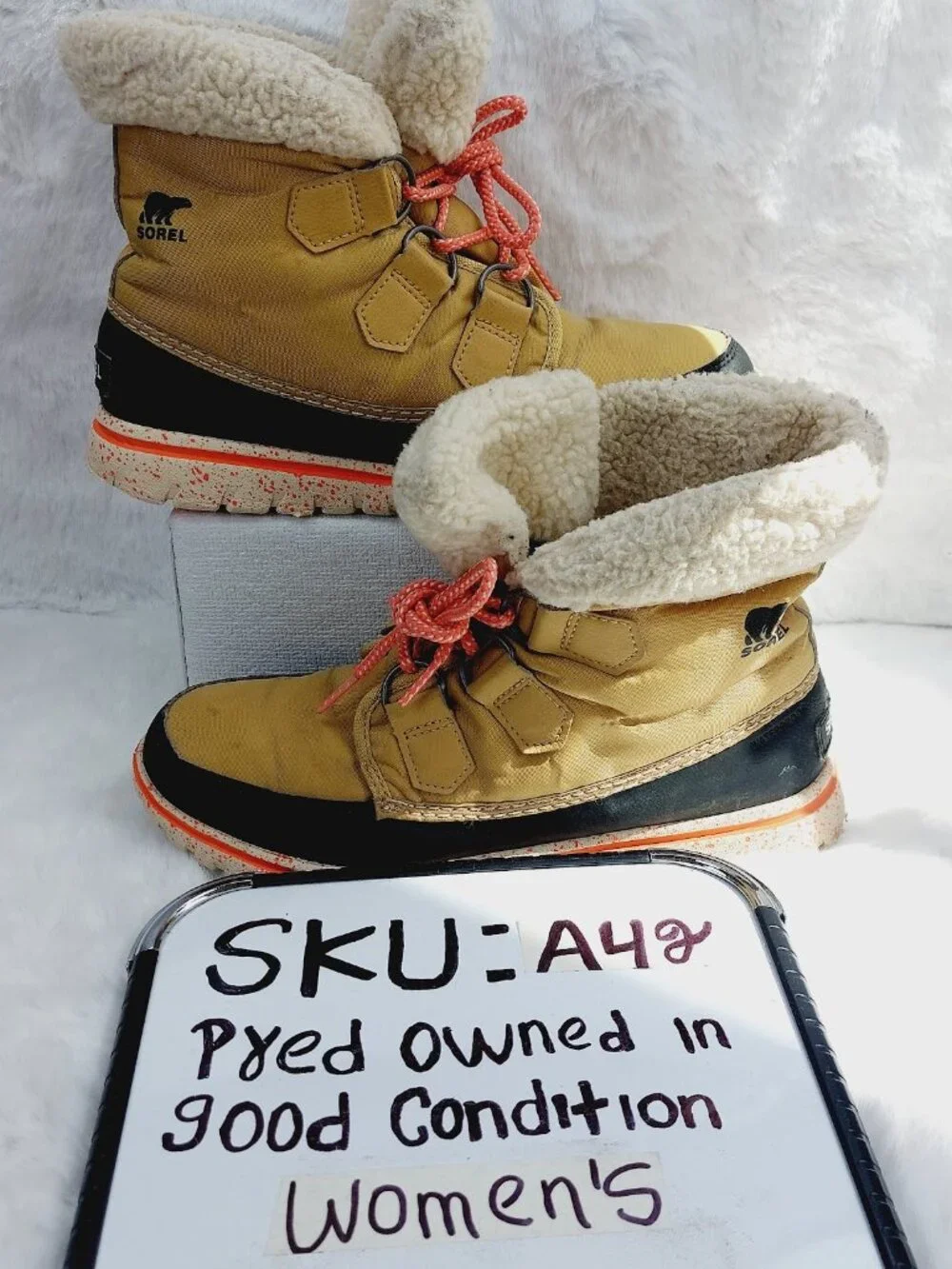 Sorel Women's Tan Black Cozy Carnival Faux Fur Ankle Winter Snow Boots Size 7